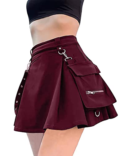 YINGWIN Damen Gothic Halfrock Y2K Kettenrock Punk Rock mit abnehmbaren Trägern Abnehmbare Taschen, rot, 36 von YINGWIN