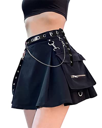 YINGWIN Damen Gothic Halfrock Y2K Kettenrock Punk Rock mit abnehmbaren Trägern Abnehmbare Taschen mit Gürtel Halloween Kostüme, Schwarz , S von YINGWIN