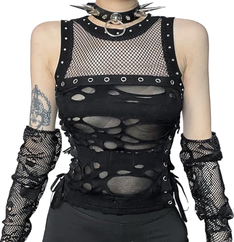 YINGWIN Damen Gothic Mesh Top Y2K Cold Shoulder Weste Punk Mesh Tank Casual Mode Ärmellos Camisole Top, 1-schwarz, S YINGWIN Damen Gothic Mesh Top Y2K Cold Shoulder Weste Punk Mesh Tank Casual Mode Ärmellos Camisole Top, 1-schwarz, S von YINGWIN
