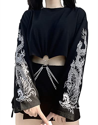 YINGWIN Damen Schwarz Gothic Punk Rock Crop Top Drachen Print Pullover Sweatshirt Ohne Hut (mit Kette), 2-schwarz, M von YINGWIN