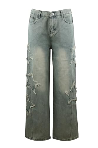 YINGWIN Damen Star Spliced Loose Jeans Y2K Jeans Vintage Loose Wide Leg Jeans Grunge Kleidung Emo Freizeithose, blau, XXL von YINGWIN