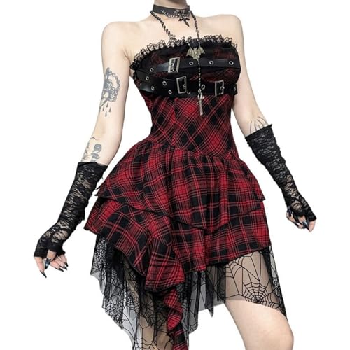 YINGWIN Damen Trägerloses Schlauchkleid Gothic Plaid Patchwork Spinne Mesh Kleid Ärmellos Party Mini Layered Kleider, rot, M von YINGWIN