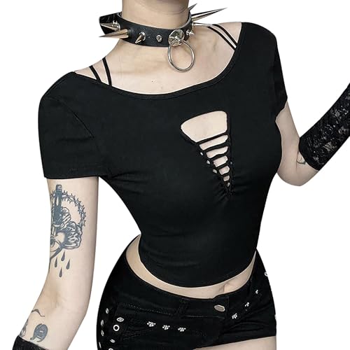 YINGWIN Gothic Damen Crop Top mit Cut-Out Spinnennetz-Rücken – Schwarzes Kurzarm Oberteil, Punk Rock Stil Gothic Kleidung Damen von YINGWIN
