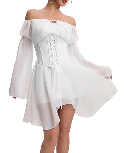 YINGWIN Zweiteiler Outfit Piratenkostüm Damen Kleider mit Corset Korsett Damen Chiffonkleid Off Shoulder Kleid Strandkleid Party Piratin Kostüm Freizeitkleid Gebauschtes Rüschenkleid von YINGWIN