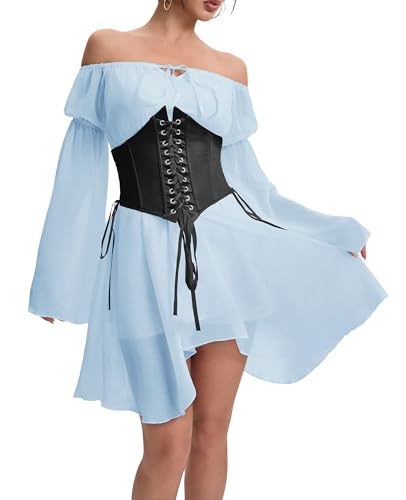 YINGWIN Zweiteiler Outfit Piratenkostüm Damen Kleider mit Corset Korsett Damen Chiffonkleid Off Shoulder Kleid Strandkleid Party Piratin Kostüm Freizeitkleid Gebauschtes Rüschenkleid von YINGWIN