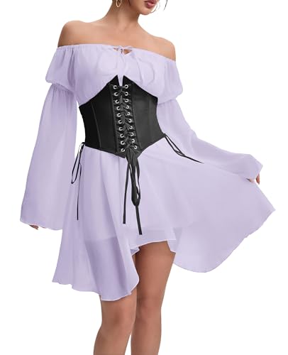 YINGWIN Zweiteiler Outfit Piratenkostüm Damen Kleider mit Corset Korsett Damen Chiffonkleid Off Shoulder Kleid Strandkleid Party Piratin Kostüm Freizeitkleid Gebauschtes Rüschenkleid von YINGWIN