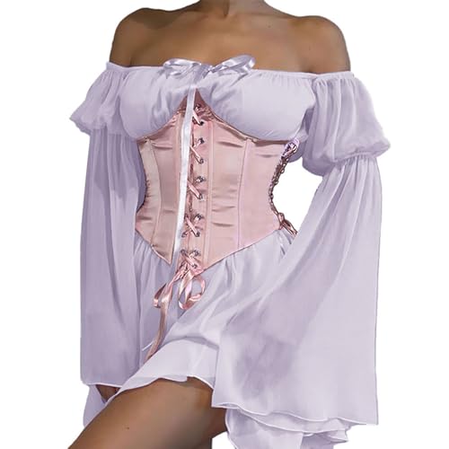 YINGWIN Zweiteiler Outfit Piratenkostüm Damen Kleider mit Corset Korsett Damen Chiffonkleid Off Shoulder Kleid Strandkleid Party Piratin Kostüm Freizeitkleid Gebauschtes Rüschenkleid von YINGWIN