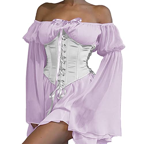 YINGWIN Zweiteiler Outfit Piratenkostüm Damen Kleider mit Corset Korsett Damen Chiffonkleid Off Shoulder Kleid Strandkleid Party Piratin Kostüm Freizeitkleid Gebauschtes Rüschenkleid von YINGWIN