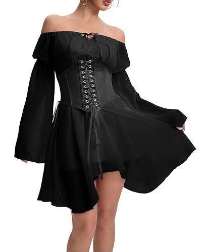 YINGWIN Zweiteiler Outfit Piratenkostüm Damen Kleider mit Corset Korsett Damen Chiffonkleid Off Shoulder Kleid Strandkleid Party Piratin Kostüm Freizeitkleid Gebauschtes Rüschenkleid von YINGWIN
