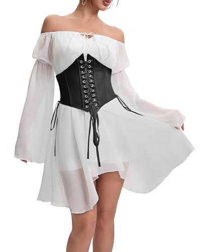 YINGWIN Zweiteiler Outfit Piratenkostüm Damen Kleider mit Corset Korsett Damen Chiffonkleid Off Shoulder Kleid Strandkleid Party Piratin Kostüm Freizeitkleid Gebauschtes Rüschenkleid von YINGWIN