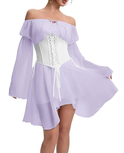 YINGWIN Zweiteiler Outfit Piratenkostüm Damen Kleider mit Corset Korsett Damen Chiffonkleid Off Shoulder Kleid Strandkleid Party Piratin Kostüm Freizeitkleid Gebauschtes Rüschenkleid von YINGWIN
