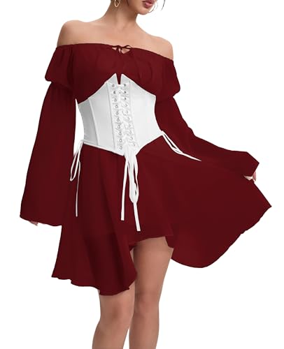 YINGWIN Zweiteiler Outfit Piratenkostüm Damen Kleider mit Corset Korsett Damen Chiffonkleid Off Shoulder Kleid Strandkleid Party Piratin Kostüm Freizeitkleid Gebauschtes Rüschenkleid von YINGWIN