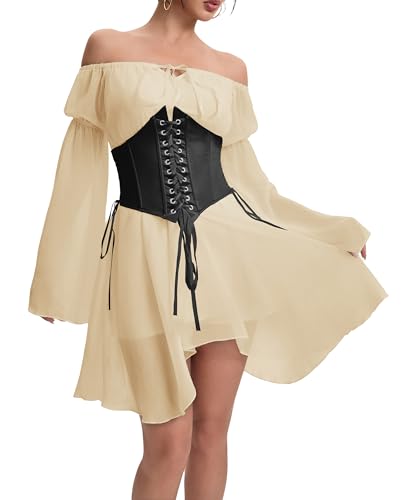 YINGWIN Zweiteiler Outfit Piratenkostüm Damen Kleider mit Corset Korsett Damen Chiffonkleid Off Shoulder Kleid Strandkleid Party Piratin Kostüm Freizeitkleid Gebauschtes Rüschenkleid von YINGWIN