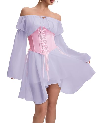 YINGWIN Zweiteiler Outfit Piratenkostüm Damen Kleider mit Corset Korsett Damen Chiffonkleid Off Shoulder Kleid Strandkleid Party Piratin Kostüm Freizeitkleid Gebauschtes Rüschenkleid von YINGWIN