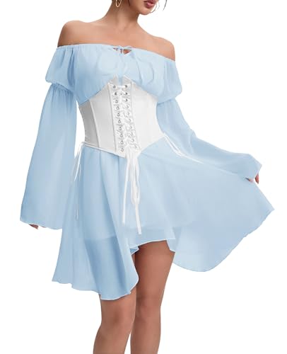 YINGWIN Zweiteiler Outfit Piratenkostüm Damen Kleider mit Corset Korsett Damen Chiffonkleid Off Shoulder Kleid Strandkleid Party Piratin Kostüm Freizeitkleid Gebauschtes Rüschenkleid von YINGWIN