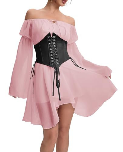 YINGWIN Zweiteiler Outfit Piratenkostüm Damen Kleider mit Corset Korsett Damen Chiffonkleid Off Shoulder Kleid Strandkleid Party Piratin Kostüm Freizeitkleid Gebauschtes Rüschenkleid von YINGWIN