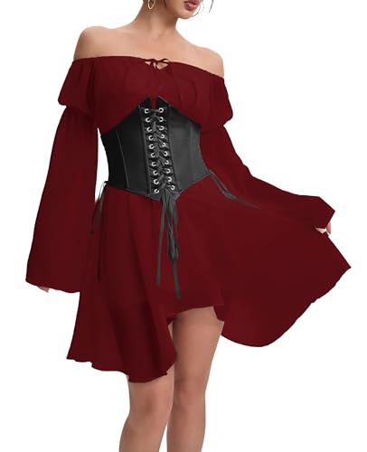 YINGWIN Zweiteiler Outfit Piratenkostüm Damen Kleider mit Corset Korsett Damen Chiffonkleid Off Shoulder Kleid Strandkleid Party Piratin Kostüm Freizeitkleid Gebauschtes Rüschenkleid von YINGWIN