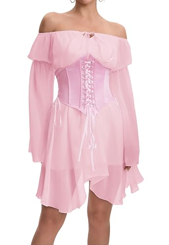 YINGWIN Zweiteiler Outfit Piratenkostüm Damen Kleider mit Corset Korsett Damen Chiffonkleid Off Shoulder Kleid Strandkleid Party Piratin Kostüm Freizeitkleid Gebauschtes Rüschenkleid von YINGWIN