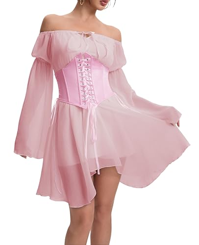 YINGWIN Zweiteiler Outfit Piratenkostüm Damen Kleider mit Corset Korsett Damen Chiffonkleid Off Shoulder Kleid Strandkleid Party Piratin Kostüm Freizeitkleid Gebauschtes Rüschenkleid von YINGWIN