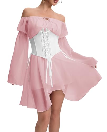 YINGWIN Zweiteiler Outfit Piratenkostüm Damen Kleider mit Corset Korsett Damen Chiffonkleid Off Shoulder Kleid Strandkleid Party Piratin Kostüm Freizeitkleid Gebauschtes Rüschenkleid von YINGWIN