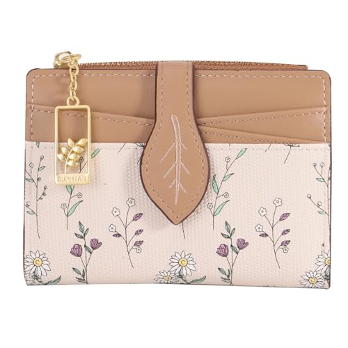 YINHEXI Damen Geldbörse Kompakt und Klein RFID Blocking Bifold PU Leder Kartenhalter Mini Geldbörse mit Münzfach für Damen Mädchen, Leaf Khaki, Minimalistisch von YINHEXI