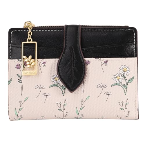 YINHEXI Geldbörse Damen Kompakt und Klein RFID Blocking Bifold PU Leder Kartenhalter Mini Geldbörse mit Münzfach für Damen Mädchen, Blatt Schwarz, Minimalistisch von YINHEXI