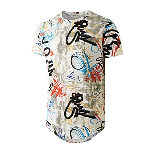 YININF Herren Hipster Hip Hop All Over Graphic Longline T-Shirt, Weiß, 3X-Groß YININF Herren Hipster Hip Hop All Over Graphic Longline T-Shirt, Weiß, 3X-Groß von YININF