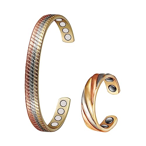 Reines Kupfer-Set, Magnettherapie-Arthritis-Schmuck für Männer und Frauen, Lymphdrainage-Magnetfeldtherapie-Armbänder und -Ringe, lindert effektiv Arthritis und Karpaltunnelschmerzen (3500 Gauss) (G) von YINOX