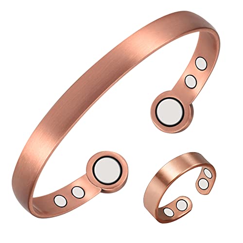 YINOX 99,9% Kupfer Armbänder Ring Schmuck-Sets für Männer und Frauen reines Kupfer Armreif 18 cm verstellbar für Arthritis mit 6 Magneten für effektive Gelenkschmerzlinderung von YINOX