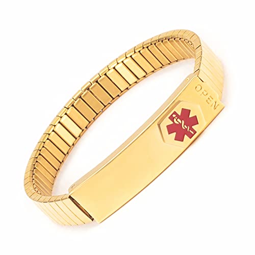 YINOX Medical Alert Armband für Männer Damen ID Armreif Elastic Edelstahl Armband personalisiert(6.7/7.1/7.5'')(Silber & Gold) (Gold, 19) von YINOX