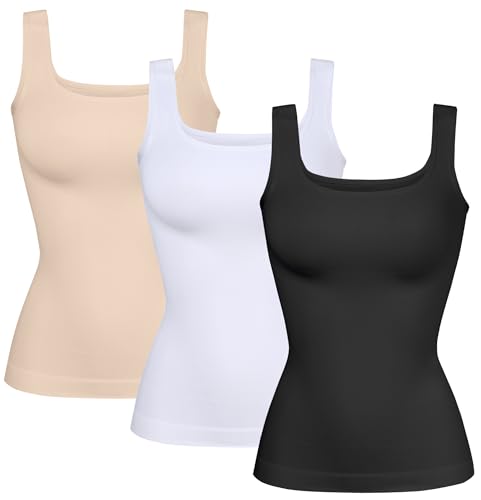 YIOIOIO Shapewear-Tanktop für Damen, Bauchkontrolle, Kompressions-Top, nahtlos, Bodyshaper, Camisole, 3er-Pack, Schwarz & Weiß & Hellbraun, Small von YIOIOIO
