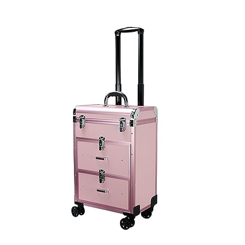 Rollbarer Make-up-Koffer mit Schubladen, professioneller großer Kosmetikwagen mit Schlössern, Kosmetik-Aufbewahrungs-Organizer, Make-up-Koffer for Reise-Make-up/Nagelkunst/Haarstyling (Grey : Pink) von YIORYO