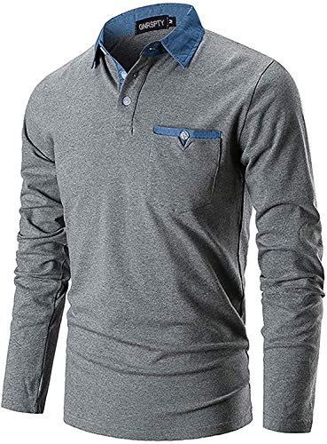 GNRSPTY Poloshirt Herren Langarmshirt Basic Polohemd Denim Nähen Casual Baumwolle Golf Tennis T-Shirt,Grau,L von GNRSPTY