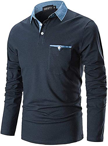 GNRSPTY Poloshirt Herren Langarmshirt Basic Polohemd Denim Nähen Casual Baumwolle Golf Tennis T-Shirt,Blau,L von GNRSPTY