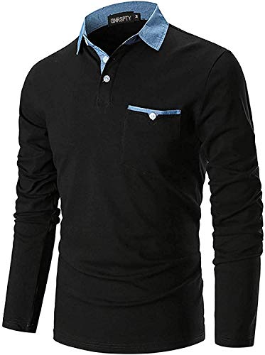 GNRSPTY Poloshirt Herren Langarmshirt Basic Polohemd Denim Nähen Casual Baumwolle Golf Tennis T-Shirt,Schwarz,M von GNRSPTY