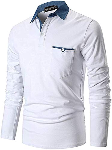 GNRSPTY Poloshirt Herren Langarmshirt Basic Polohemd Denim Nähen Casual Baumwolle Golf Tennis T-Shirt,Weiß,L von GNRSPTY