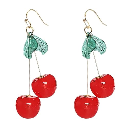 Bezaubernde Kirschen Ohrringe Hänge mit Grünen Kristall Blättern für Damen Mama Freundinnen Anhänger 3D-Frucht Eleganter Schmuck Geschenke (Rot) von YIQPKUM