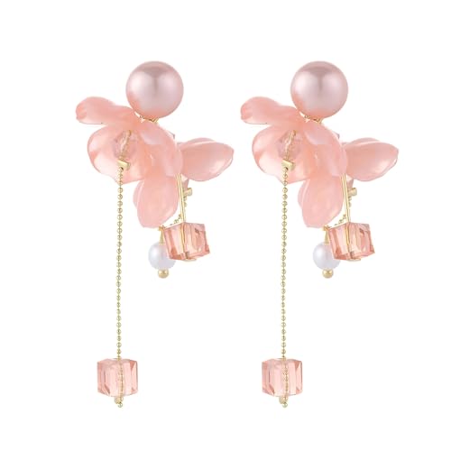 Elegante Perlenimitat Rosa Blumen Stecker Ohrringe Quasten Kristall Kette Anhänger Schmuck Statement Charm für Damen Mama Freundin (Gold Plattiert) von YIQPKUM