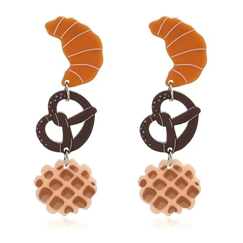 Lustige Acryl Frühstücksessen Ohrringe Croissant Anhänger Brezel Waffel Schmuck Statement Bäckerei Geschenke (Braun) von YIQPKUM