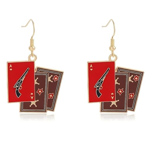 Lustige Emaille Western Ohrringe Spielkarten Ass Anhänger Revolver Sheriff Stern Charme Partyschmuck Geschenke (Rot) von YIQPKUM