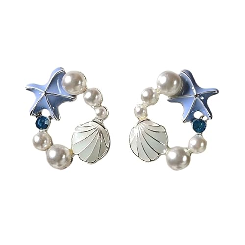 Niedliche Emaille Seestern und Muschel Stecker Ohrringe Reif Perlen Hänge für Damen Strand Sommer Anhänger Ozean Meerestiere Schmuck Geschenke (Blau) von YIQPKUM