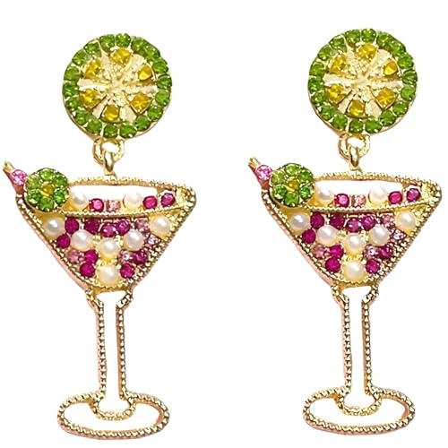 Niedliche Kristall Martini Glas Stecker Ohrringe für Damen Cocktail Weinkelch Hänge Schmuck Statement Margarita Getränk Strandurlaub Feiertagsgeschenke (Multi) von YIQPKUM