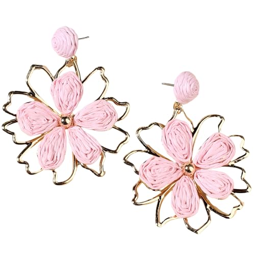 Niedliche Raffia Blumen Ohrringe Elegante Boho Handmade Floralschmuck Sommertropische Strandgeschenke (Rosa) von YIQPKUM