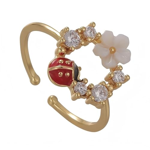 YIQPKUM 18K Vergoldet Emaille Blume Marienkäfer Ringe Verstellbar Offen Zirkonia (Vergoldet) von YIQPKUM