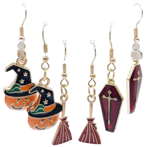 YIQPKUM 3 Paar Emaille Halloween Hexenhut Kürbis Ohrringe Sarg Stecker Schmuck Geschenk Gotisch Accessoire Damen Festtag Anhänger (Mehrfarbig) von YIQPKUM