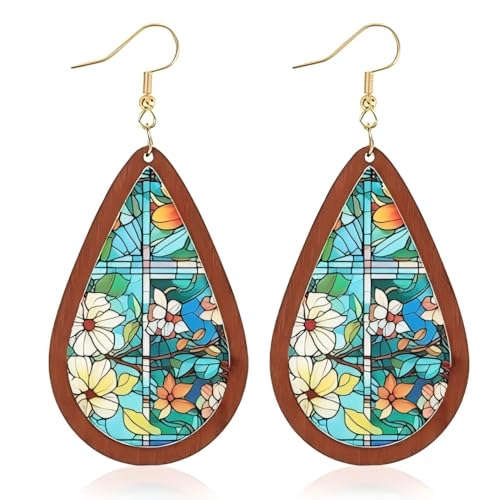 YIQPKUM Acryl Buntglas Blume Ohrringe Hänger für Damen Holzrahmen Schmuck Geschenk (Grün) von YIQPKUM