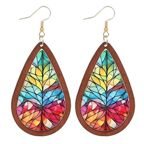 YIQPKUM Acryl Buntglas Ohrringe Hänger für Damen Holzrahmen Religiös Schmuck (Mehrfarbig) von YIQPKUM