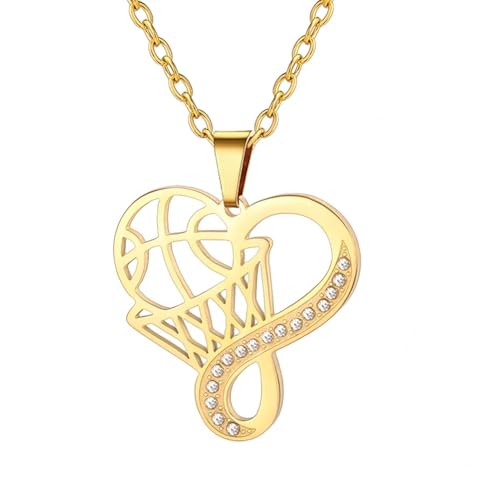 YIQPKUM Basketball Herz Halskette Anhänger Edelstahl Strass Kristall Schmuck Damen Sport Liebhaber Anhänger Accessoire Geschenk (14 Karat vergoldet) von YIQPKUM