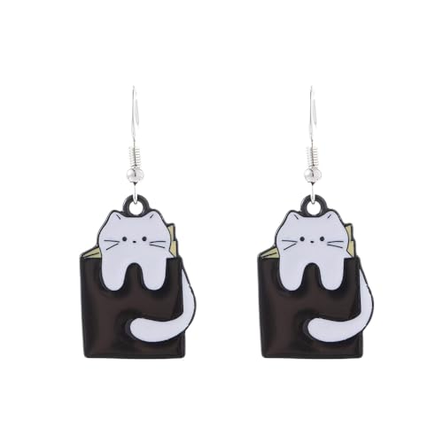 YIQPKUM Bezaubernd Emaille Bücher Katze Ohrringe Stecker Damen Tier Liebhaber Leichtgewicht Cartoon Schmuck Anhänger Geschenk (Schwarz) von YIQPKUM