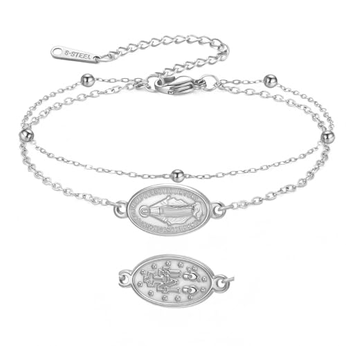 YIQPKUM Doppel Kette Religiös Medaillon Armband Edelstahl Schmuck Anhänger Damen Statement Accessoire Geschenk (18 Karat vergoldet) (Versilbert) von YIQPKUM